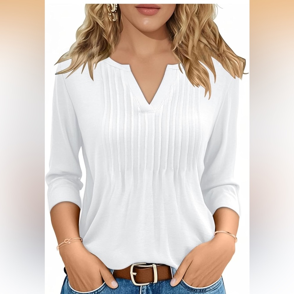 Women's White Pleated V-Neck Blouse